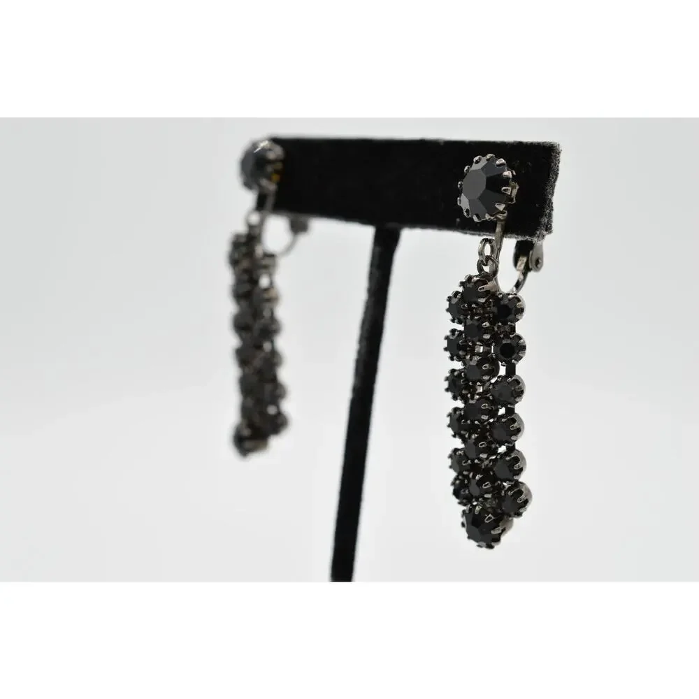 Vintage Statement Earrings Clip On Black Rhinestone Crystal Gunmetal Dangle 9H